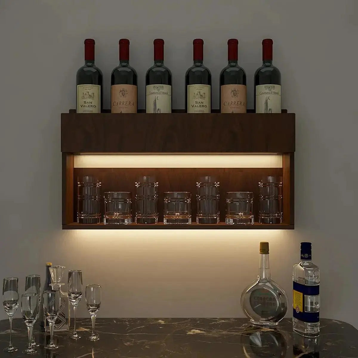 Designer Modish Look Backlit MDF Mini Bar Shelf in Walnut Finish - Decor Mantra 