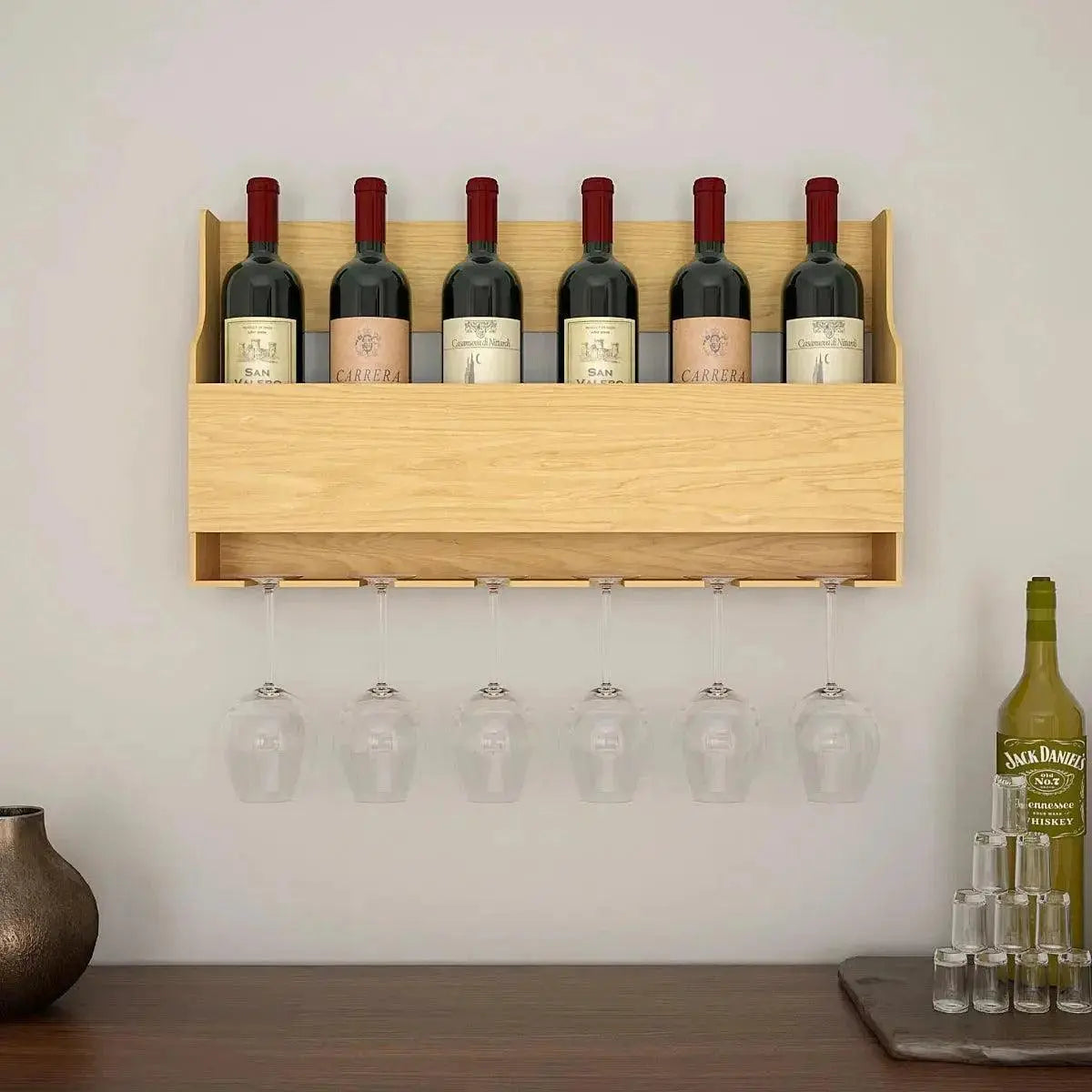 Premium Look Backlit MDF Wooden Mini Bar Wall Shelf in Light Oak Finish - Decor Mantra 