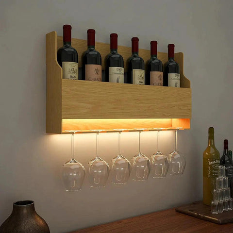Premium Look Backlit MDF Wooden Mini Bar Wall Shelf in Light Oak Finish - Decor Mantra 