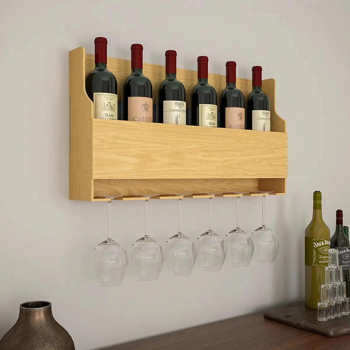 Premium Look Backlit MDF Wooden Mini Bar Wall Shelf in Light Oak Finish - Decor Mantra 