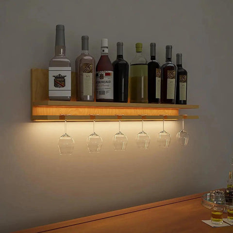 Aesthetic Backlit Look MDF Wooden Mini Bar Shelf in Light Oak Finish - Decor Mantra 