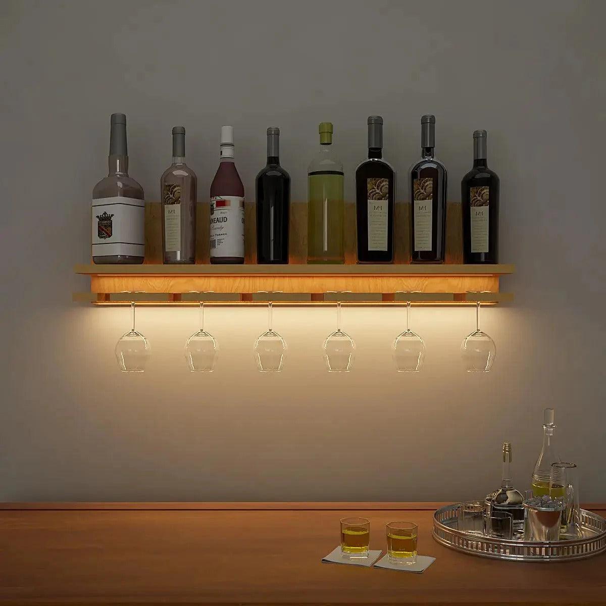 Aesthetic Backlit Look MDF Wooden Mini Bar Shelf in Light Oak Finish - Decor Mantra 