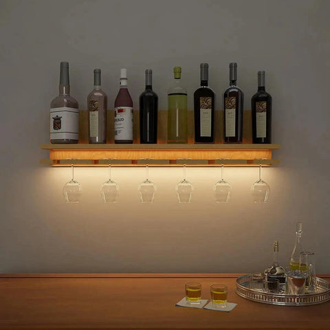 Aesthetic Backlit Look MDF Wooden Mini Bar Shelf in Light Oak Finish - Decor Mantra 