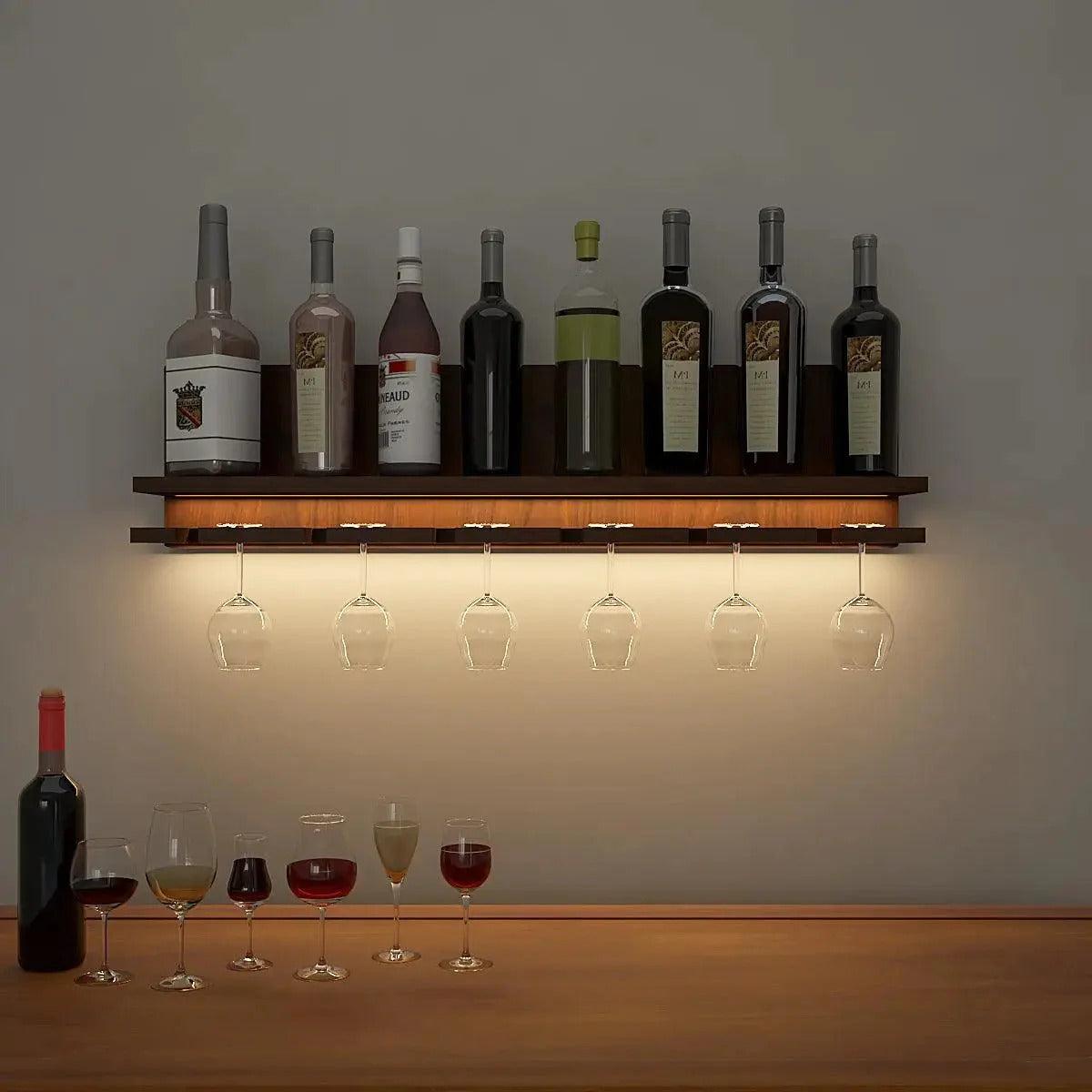 Aesthetic Backlit Look MDF Wooden Mini Bar Shelf in Walnut Finish - Decor Mantra 