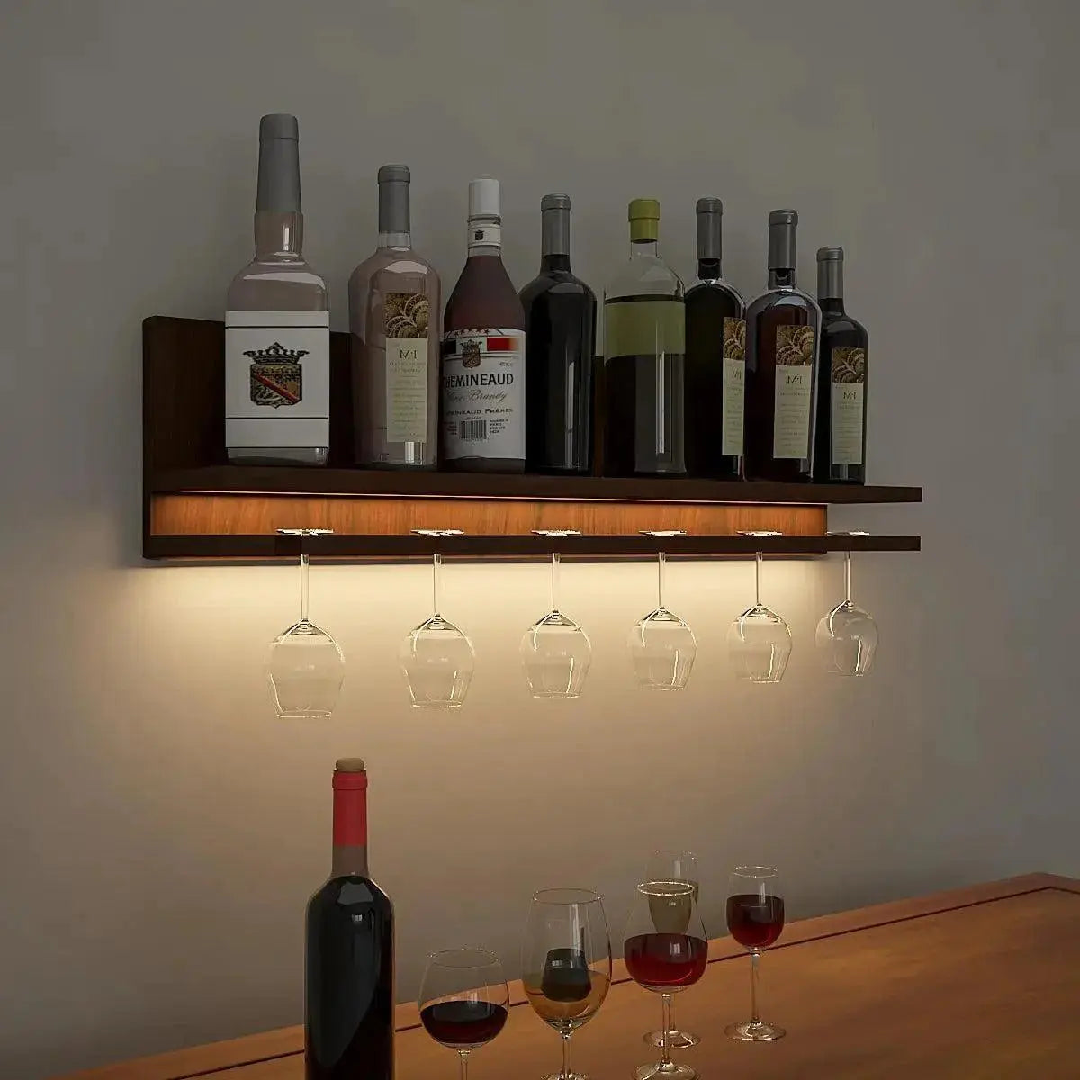 Aesthetic Backlit Look MDF Wooden Mini Bar Shelf in Walnut Finish - Decor Mantra 