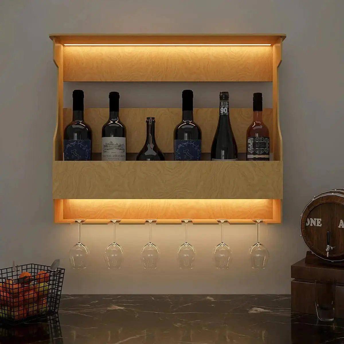 Premium Quality Decorative Backlit MDF Mini Bar Shelf in Light Oak Finish - Decor Mantra 