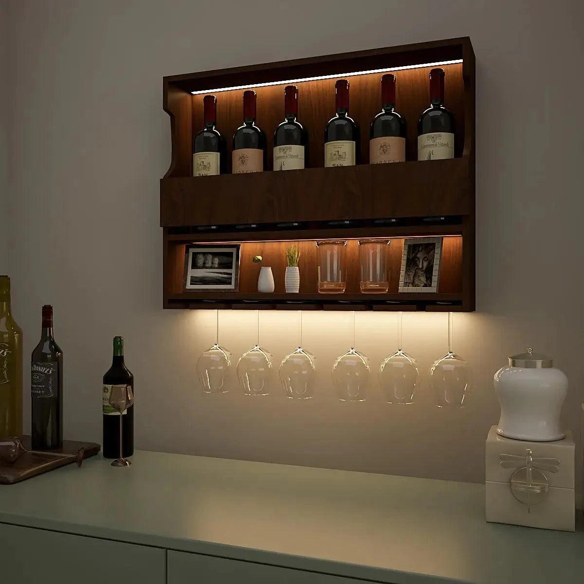 Exquisite Designer Backlit MDF Mini Bar Shelf in Walnut Finish - Decor Mantra 