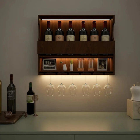 Exquisite Designer Backlit MDF Mini Bar Shelf in Walnut Finish - Decor Mantra 
