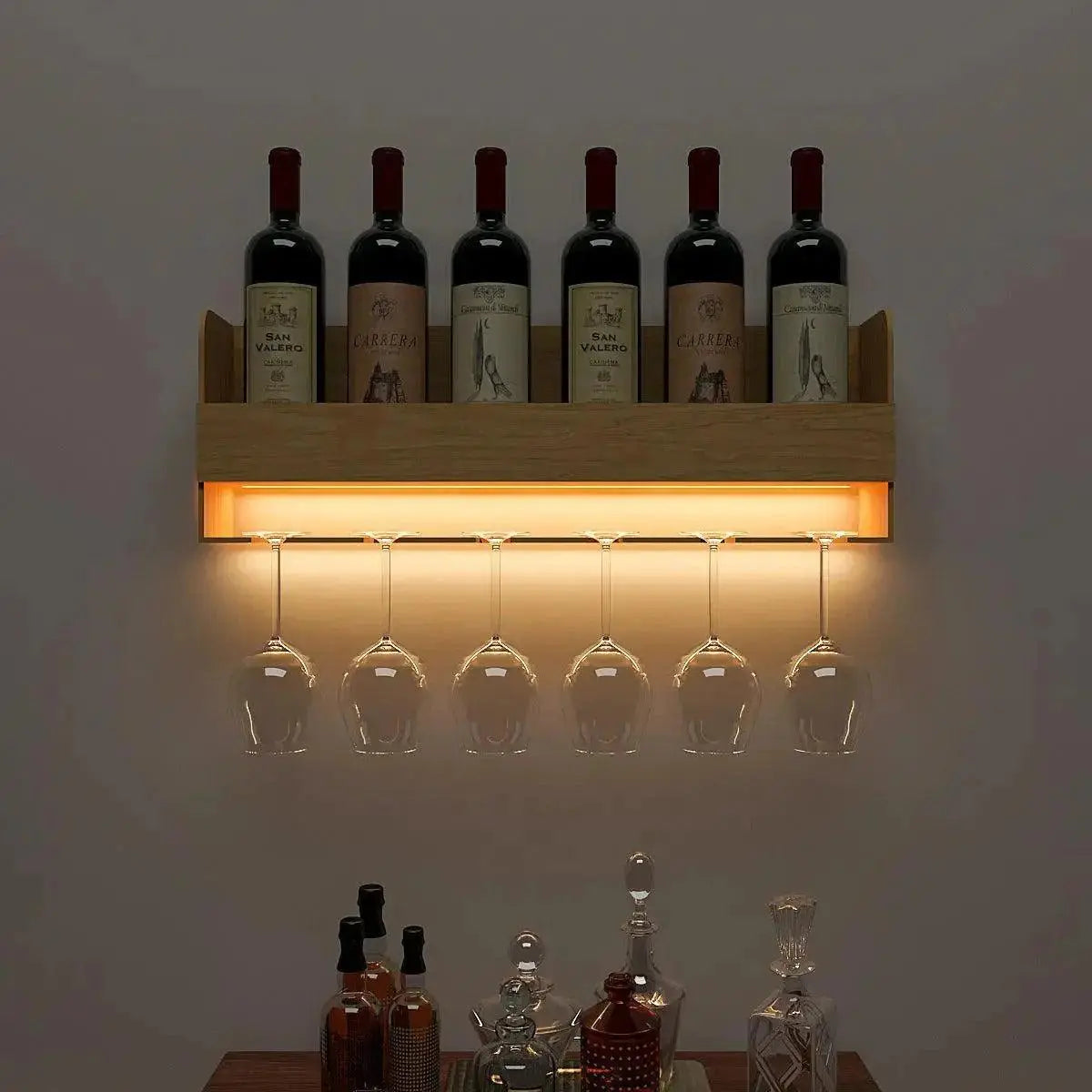 Minimalistic Design Artistic Backlit Wall Mounted Mini Bar Shelf in Light Oak Finish - Decor Mantra 