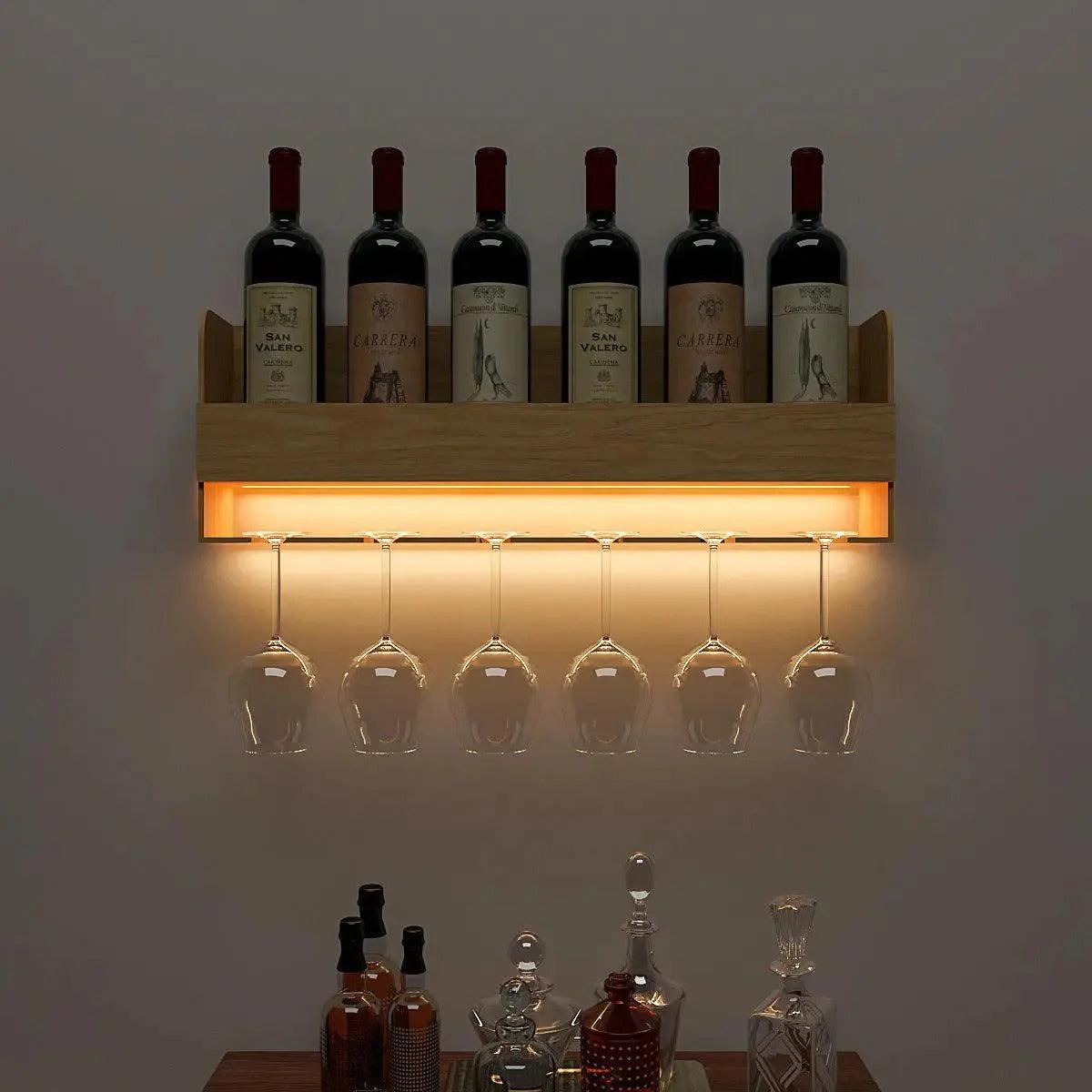 Minimalistic Design Artistic Backlit Wall Mounted Mini Bar Shelf in Light Oak Finish - Decor Mantra 