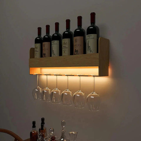 Minimalistic Design Artistic Backlit Wall Mounted Mini Bar Shelf in Light Oak Finish - Decor Mantra 
