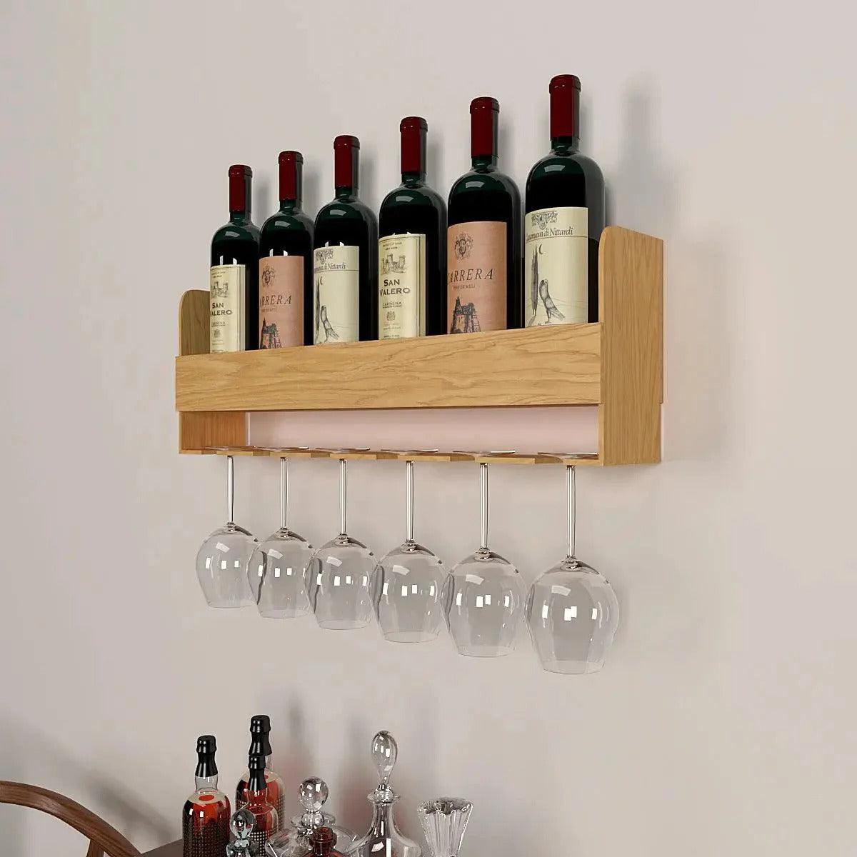 Minimalistic Design Artistic Backlit Wall Mounted Mini Bar Shelf in Light Oak Finish - Decor Mantra 