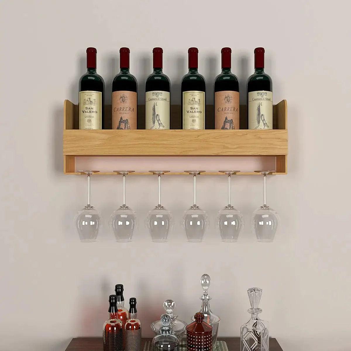 Minimalistic Design Artistic Backlit Wall Mounted Mini Bar Shelf in Light Oak Finish - Decor Mantra 