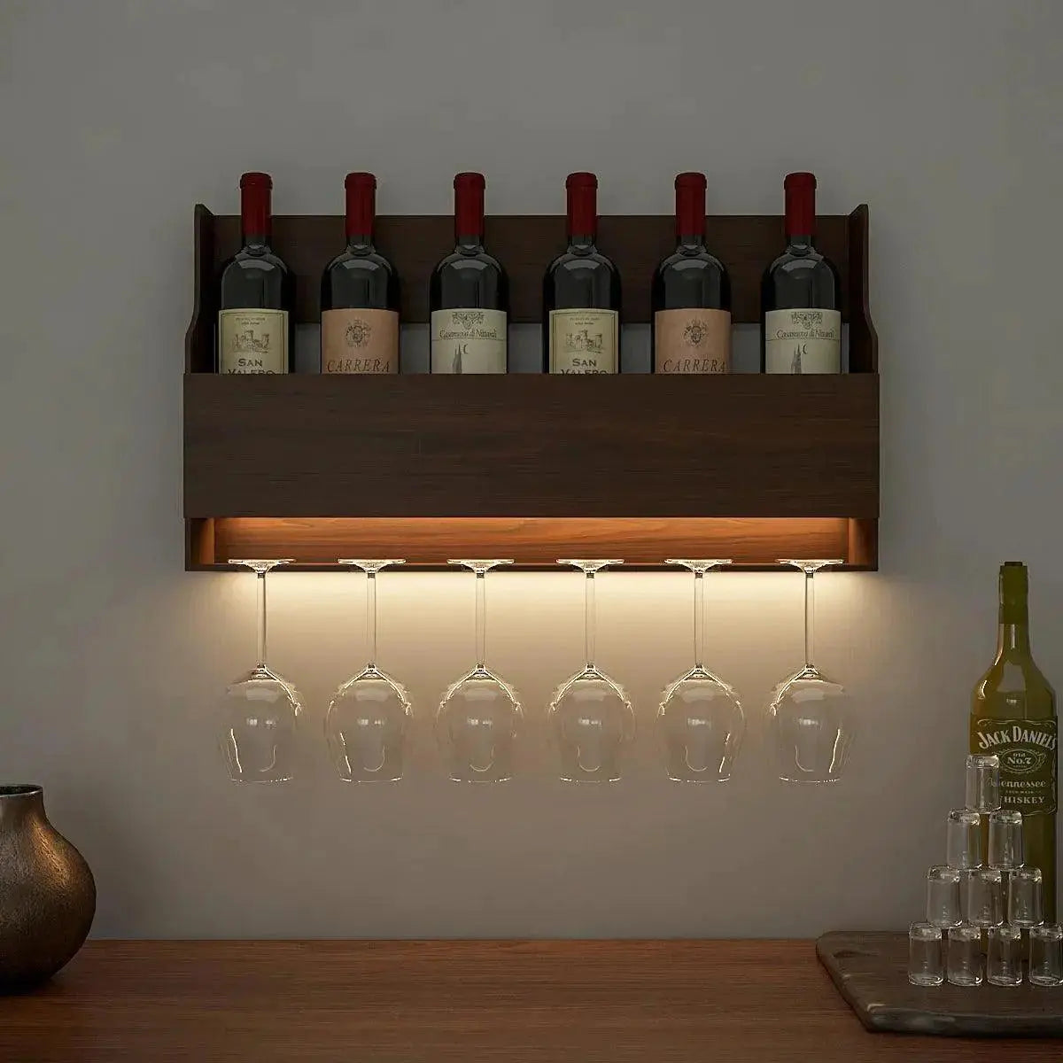 Premium Spacious Design Backlit MDF Mini Bar Shelf in Walnut Finish - Decor Mantra 