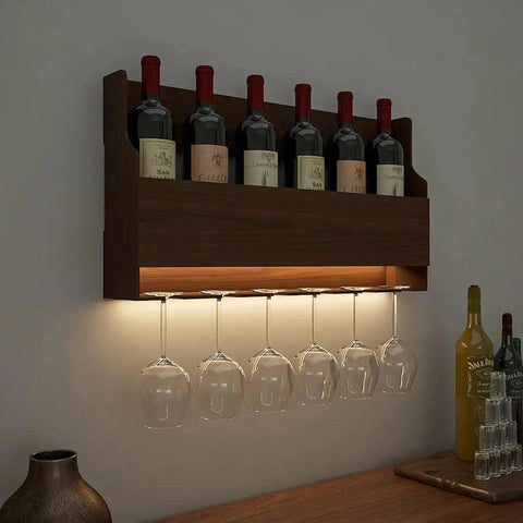 Premium Spacious Design Backlit MDF Mini Bar Shelf in Walnut Finish - Decor Mantra 