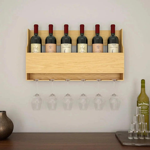 Minimalist Designer Backlit MDF Wall Mounted Mini Bar Shelf in Light Oak Finish - Decor Mantra 