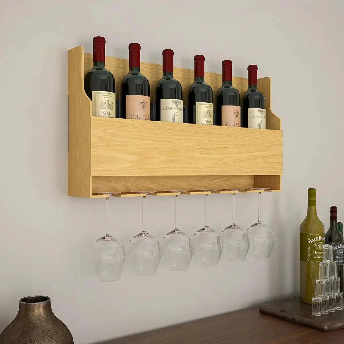 Minimalist Designer Backlit MDF Wall Mounted Mini Bar Shelf in Light Oak Finish - Decor Mantra 