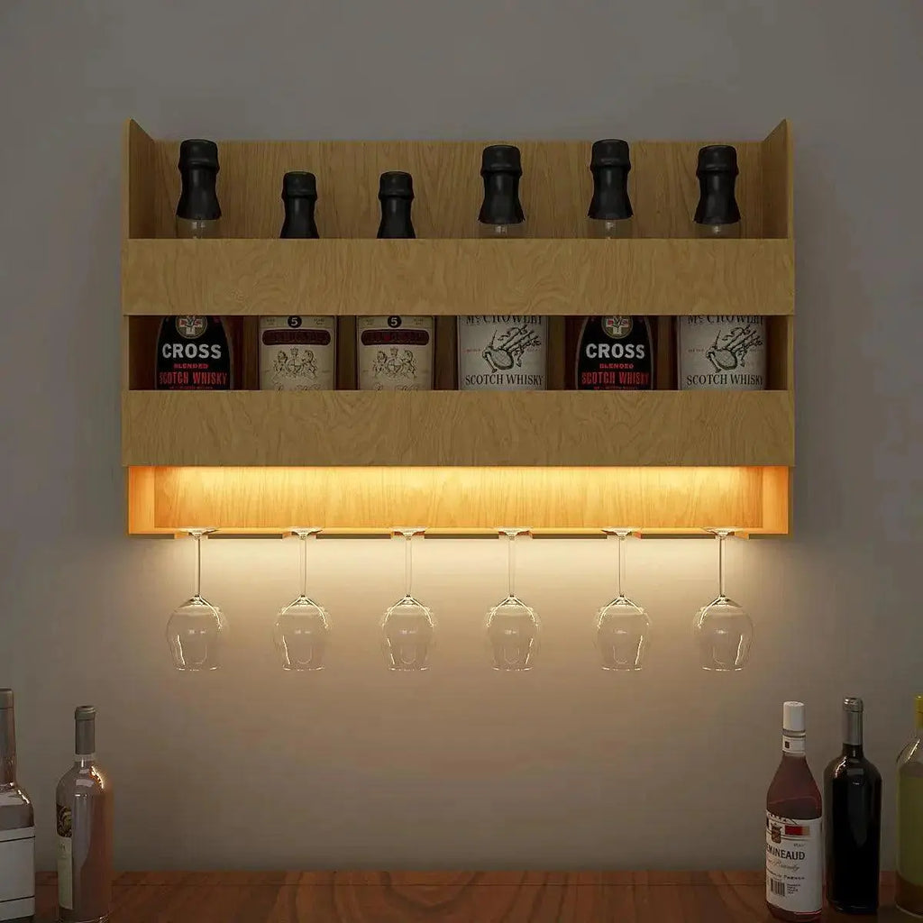 Aesthetic Look Backlit Wooden Wall Mounted Mini Bar Shelf in Light Oak Finish - Decor Mantra 