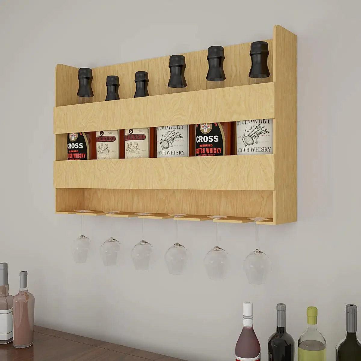 Aesthetic Look Backlit Wooden Wall Mounted Mini Bar Shelf in Light Oak Finish - Decor Mantra 