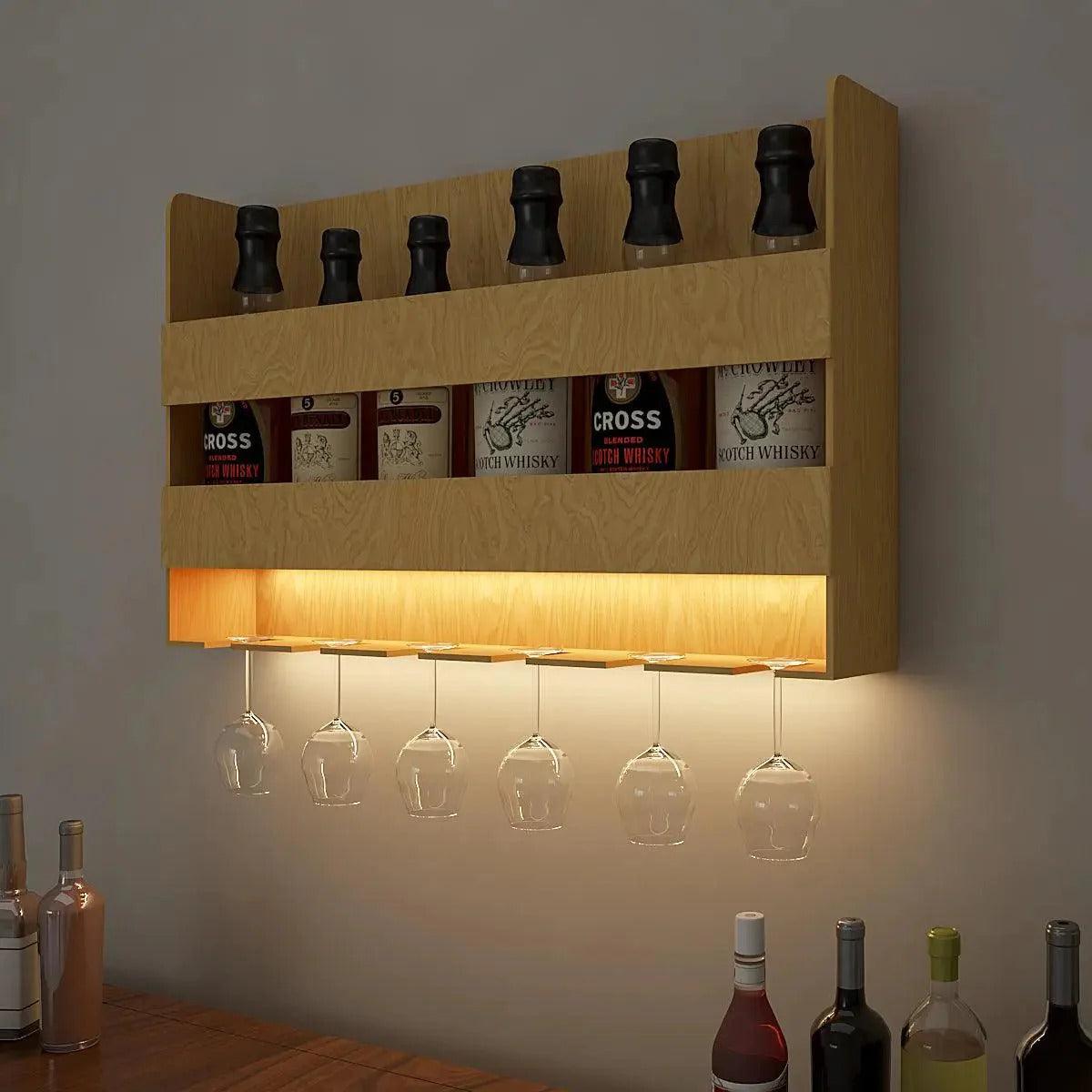 Aesthetic Look Backlit Wooden Wall Mounted Mini Bar Shelf in Light Oak Finish - Decor Mantra 