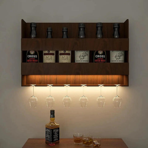 Sturdy Designer Backlit MDF Bar Wall Shelf / Mini Bar Shelf in Walnut Finish - Decor Mantra 