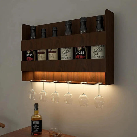 Sturdy Designer Backlit MDF Bar Wall Shelf / Mini Bar Shelf in Walnut Finish - Decor Mantra 