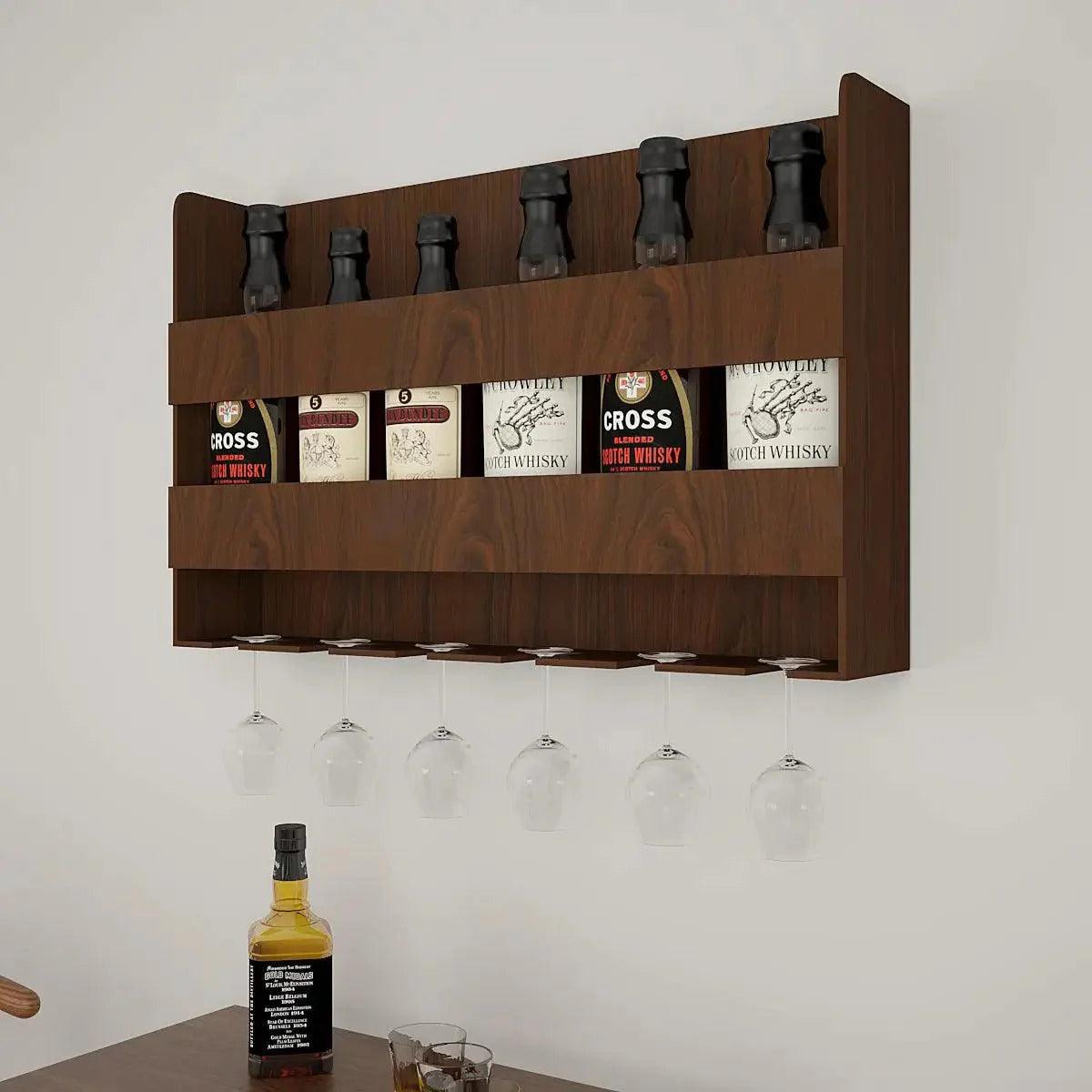 Sturdy Designer Backlit MDF Bar Wall Shelf / Mini Bar Shelf in Walnut Finish - Decor Mantra 