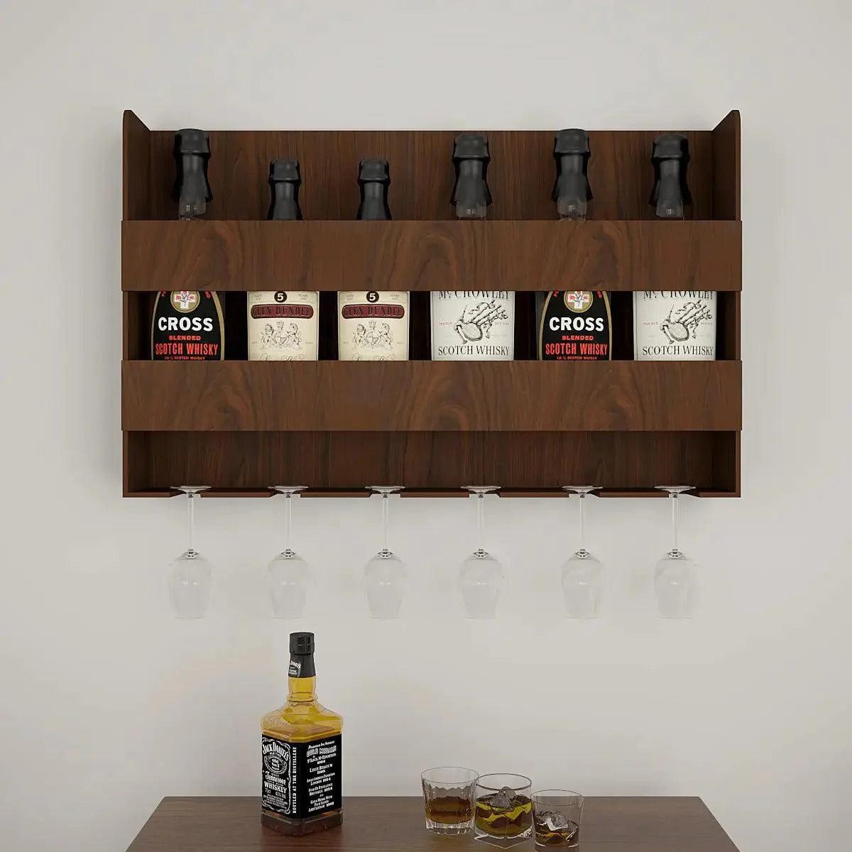 Sturdy Designer Backlit MDF Bar Wall Shelf / Mini Bar Shelf in Walnut Finish - Decor Mantra 