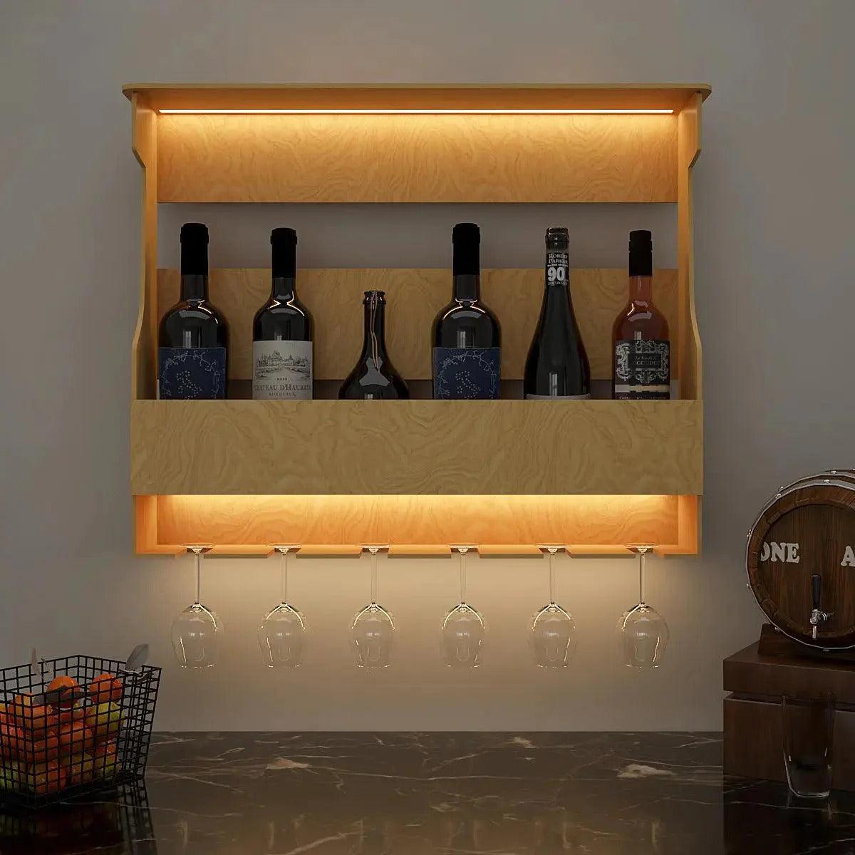 Premium High Quality Backlit Design Bar Wall Shelf / Mini Bar Shelf in Light Oak Finish - Decor Mantra 