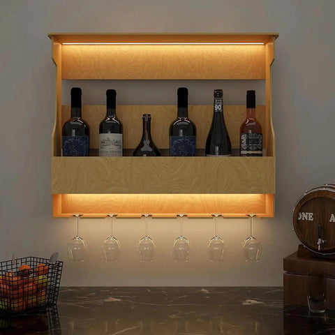 Premium High Quality Backlit Design Bar Wall Shelf / Mini Bar Shelf in Light Oak Finish - Decor Mantra 