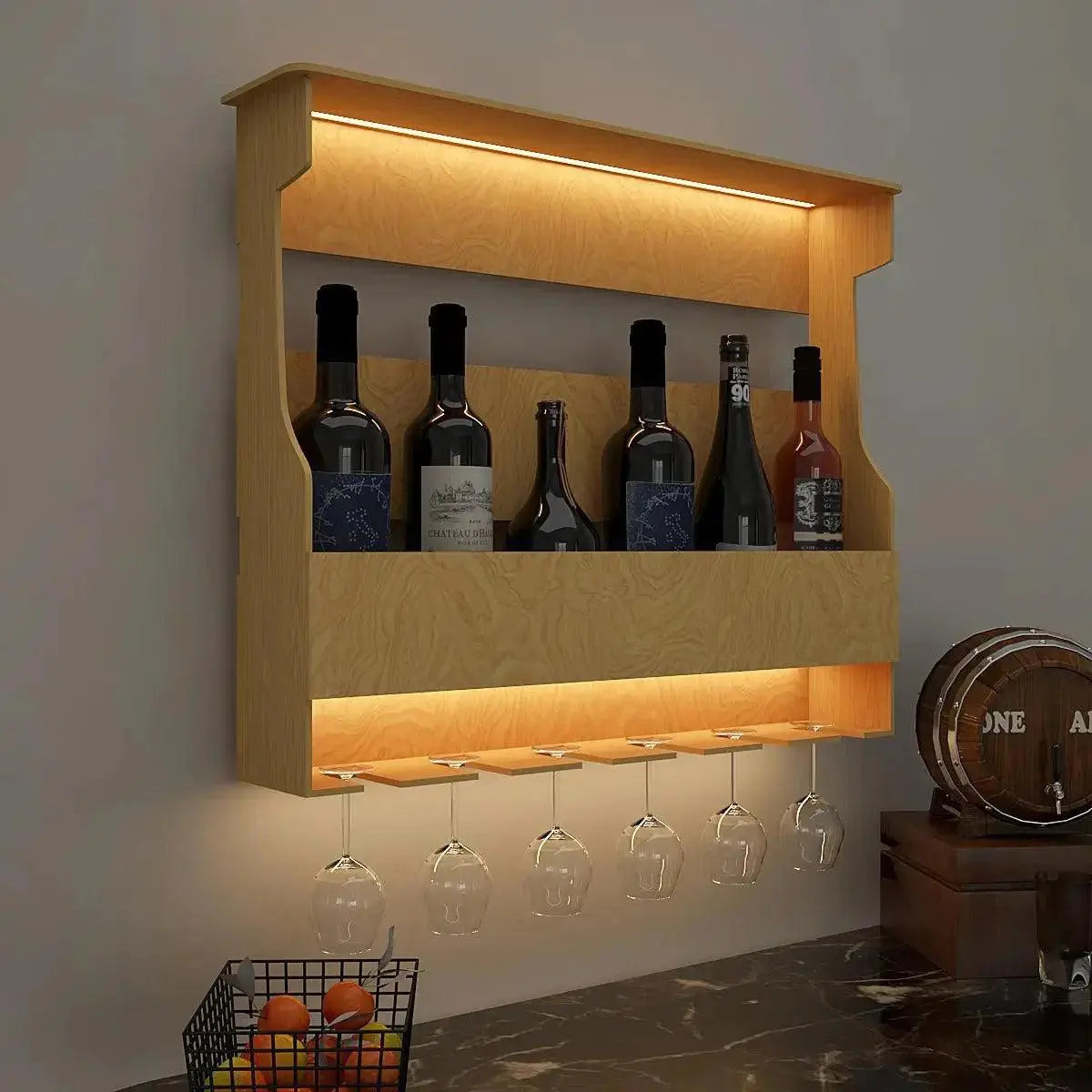Premium High Quality Backlit Design Bar Wall Shelf / Mini Bar Shelf in Light Oak Finish - Decor Mantra 