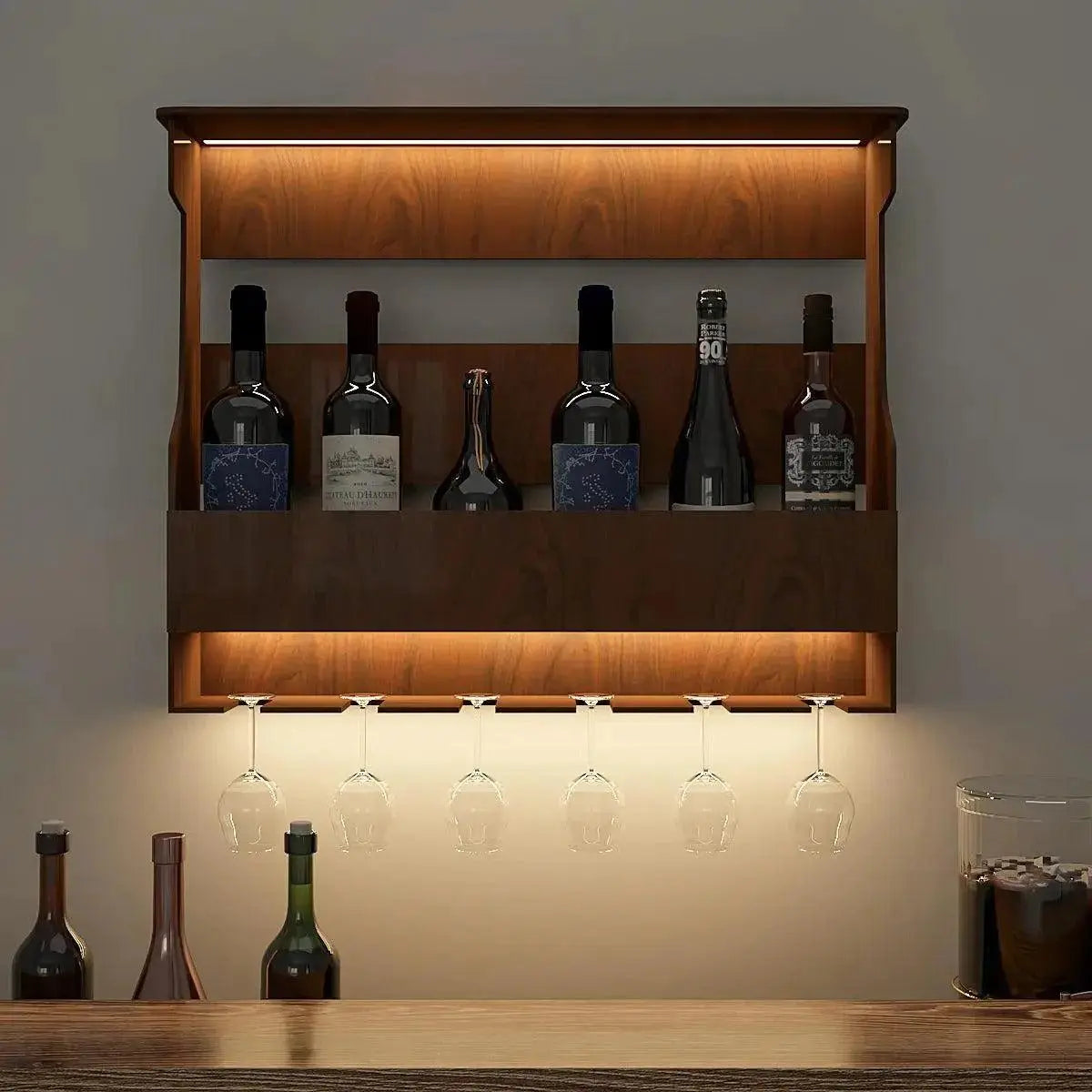 Backlit Design MDF Bar Wall Shelf / Mini Bar Shelf in Walnut Finish - Decor Mantra 