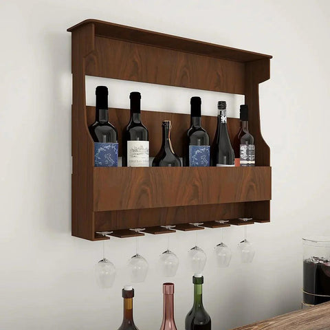 Backlit Design MDF Bar Wall Shelf / Mini Bar Shelf in Walnut Finish - Decor Mantra 
