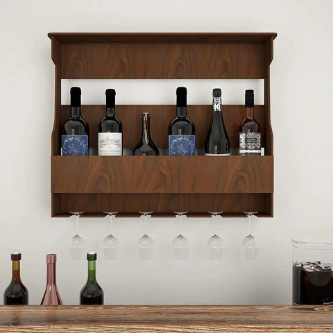 Backlit Design MDF Bar Wall Shelf / Mini Bar Shelf in Walnut Finish - Decor Mantra 