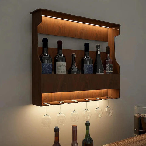 Backlit Design MDF Bar Wall Shelf / Mini Bar Shelf in Walnut Finish - Decor Mantra 