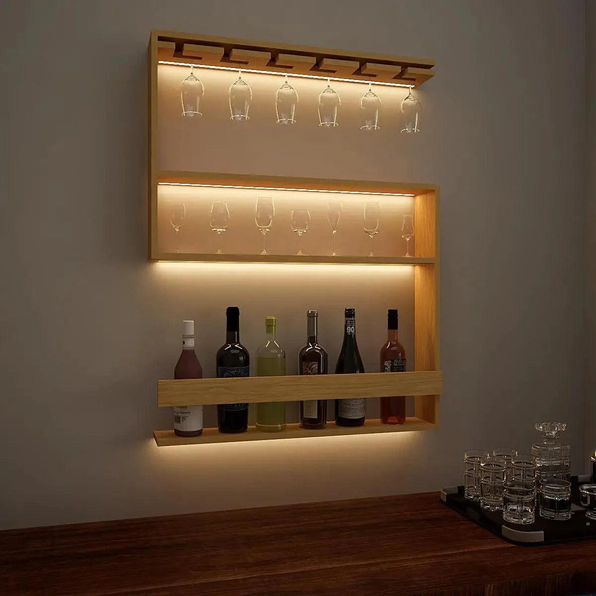 Modern Designer Backlit MDF Bar Wall Shelf / Mini Bar Shelf in Light Oak Finish - Decor Mantra 
