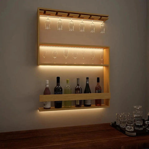 Modern Designer Backlit MDF Bar Wall Shelf / Mini Bar Shelf in Light Oak Finish - Decor Mantra 