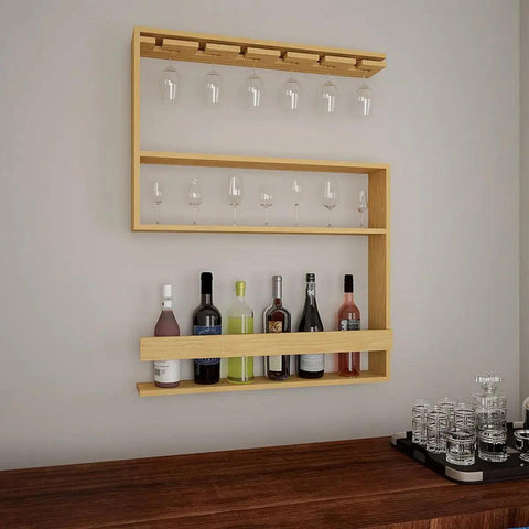 Modern Designer Backlit MDF Bar Wall Shelf / Mini Bar Shelf in Light Oak Finish - Decor Mantra 
