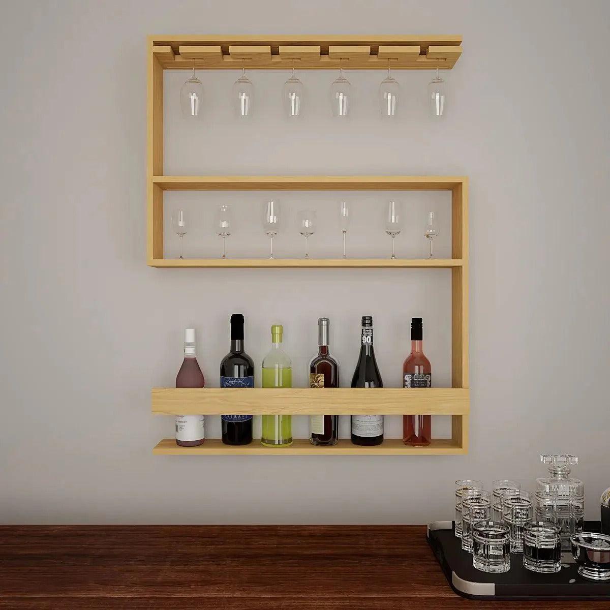 Modern Designer Backlit MDF Bar Wall Shelf / Mini Bar Shelf in Light Oak Finish - Decor Mantra 