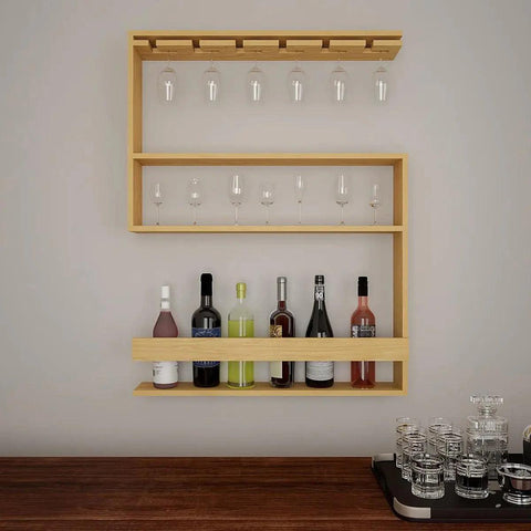 Modern Designer Backlit MDF Bar Wall Shelf / Mini Bar Shelf in Light Oak Finish - Decor Mantra 
