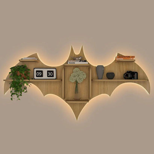 Bat Shape Backlit Designer Wooden Wall Shelf Book Shelf Night Light, Light Oak Finish - Decor Mantra