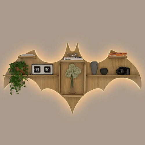 Bat Shape Backlit Designer Wooden Wall Shelf Book Shelf Night Light, Light Oak Finish - Decor Mantra
