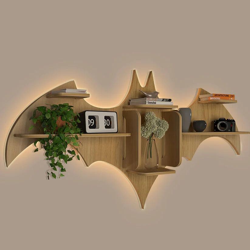 Bat Shape Backlit Designer Wooden Wall Shelf Book Shelf Night Light, Light Oak Finish - Decor Mantra 