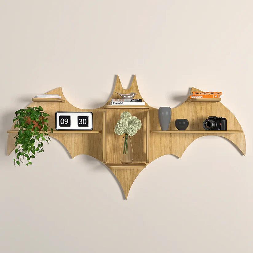 Bat Shape Backlit Designer Wooden Wall Shelf Book Shelf Night Light, Light Oak Finish - Decor Mantra 