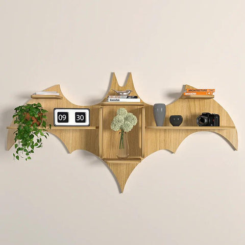 Bat Shape Backlit Designer Wooden Wall Shelf Book Shelf Night Light, Light Oak Finish - Decor Mantra 