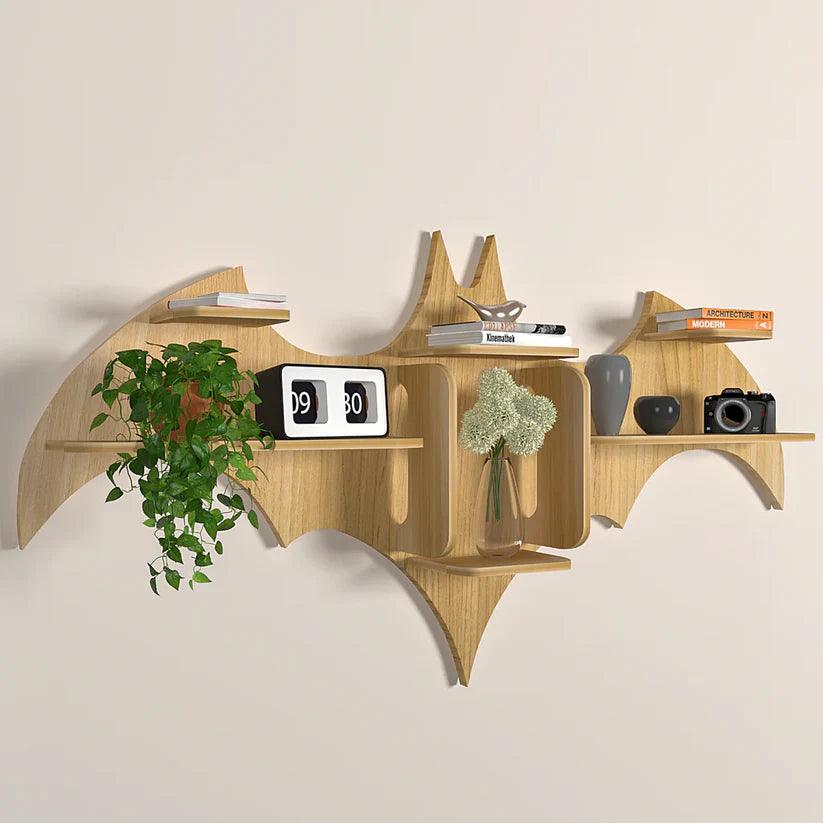 Bat Shape Backlit Designer Wooden Wall Shelf Book Shelf Night Light, Light Oak Finish - Decor Mantra 