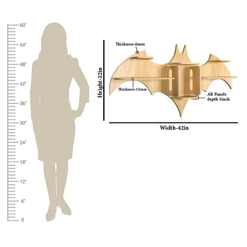 Bat Shape Backlit Designer Wooden Wall Shelf Book Shelf Night Light, Light Oak Finish - Decor Mantra 