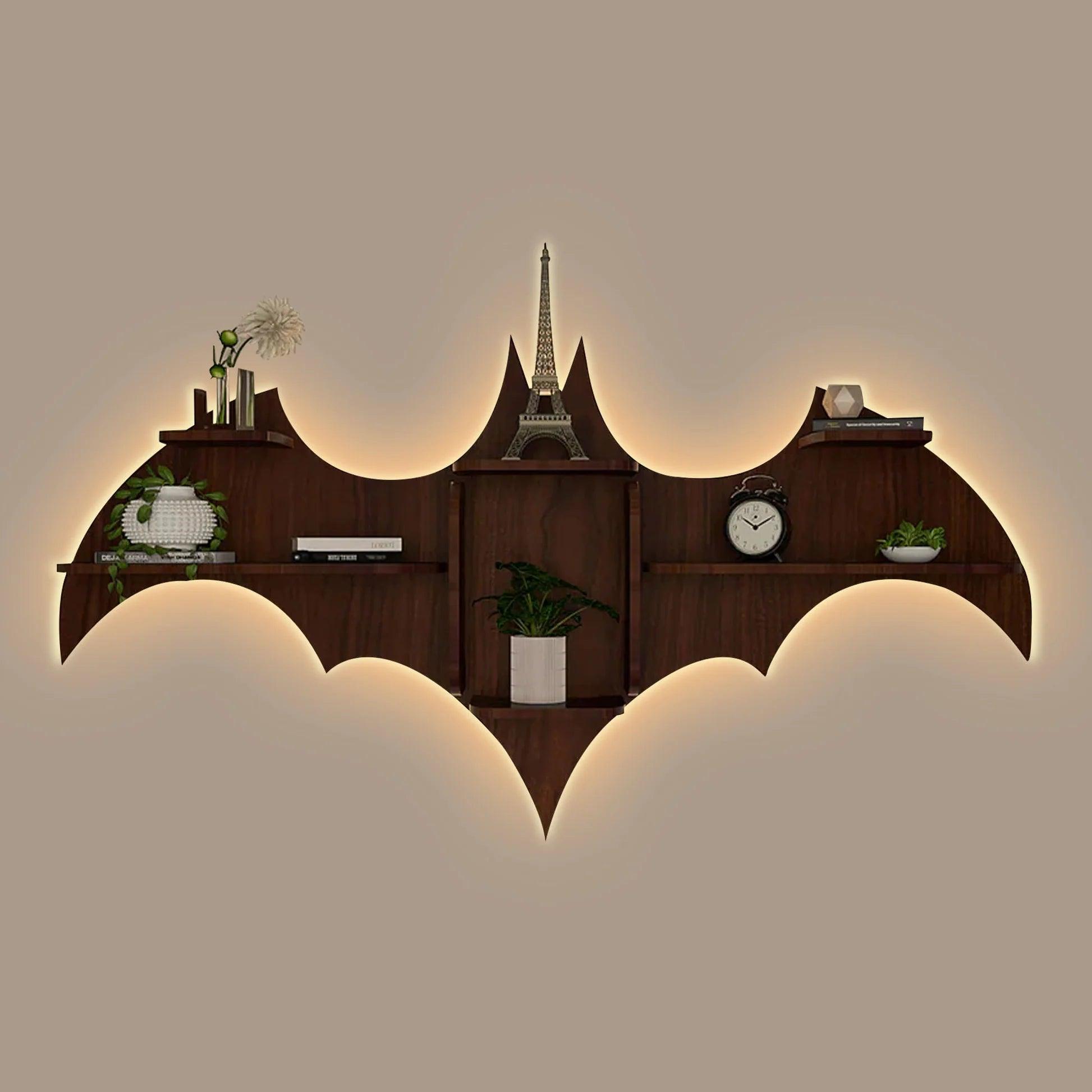 Bat Shape Backlit Designer Wooden Wall Shelf Book Shelf Night Light, Walnut Finish - Decor Mantra 
