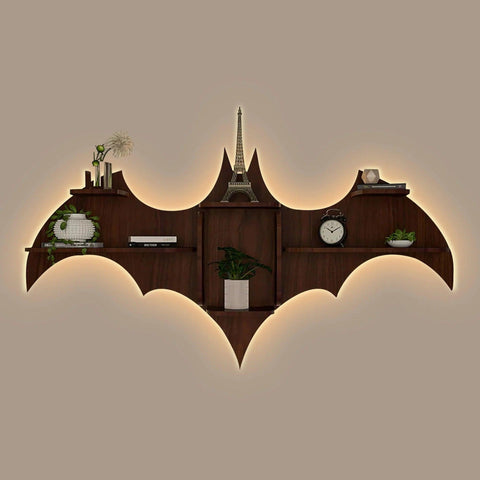 Bat Shape Backlit Designer Wooden Wall Shelf Book Shelf Night Light, Walnut Finish - Decor Mantra 