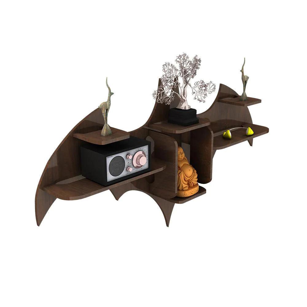 Bat Shape Backlit Designer Wooden Wall Shelf Book Shelf Night Light, Walnut Finish - Decor Mantra 